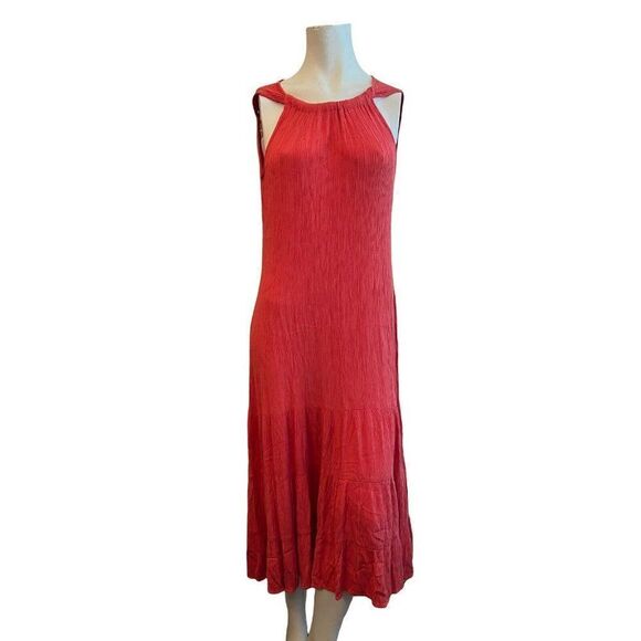 Dressbarn Size 6 Crepe Ankle Length Dress Tiered Ruffle Maxi Coral Sleeveless - Picture 1 of 4
